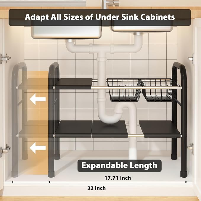 Expandable Under Sink Organizer, 2 Tier Under Sink Shelf | With 2 Removable Baskets and 6 Removable Panels, For Cabinet Sink Cloakroom Wardrobe Closet Storage, Black, 17.71”-32”Length - Image 2
