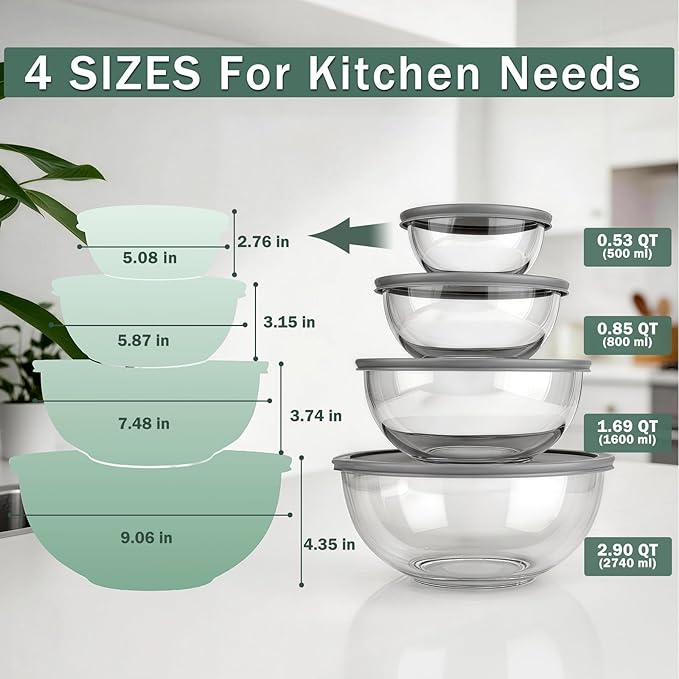 Glass Mixing Bowls with Lids Set of 4,Glass Bowls with Lids Large Mixing Bowl Salad Bowls Space-Saving Nesting bowls Serving bowls Storage Container for Cooking,Baking,Prepping - Image 2