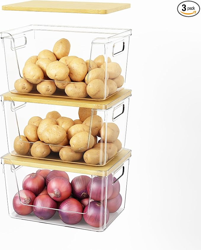 3 Set Pantry Organizer and Stackable Storage Kitchen,Sturdy and Durable Storage Basket for Potato, Onion, Garlic, Fruit, Vegetable, Produce, Clear Plastic Storage with Lid&Handle by Unknown