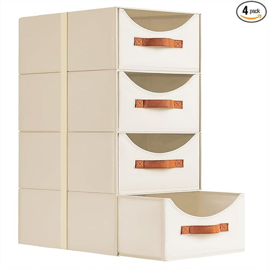 Stackable Storage Drawers - Large Collapsible Storage Bins with Drawers, 4 Pack Closet Shelf Organizer Basket, Fabric Pull Out Organizer for Bedroom, Living Room, Dorm, Light Beige by Homsorout