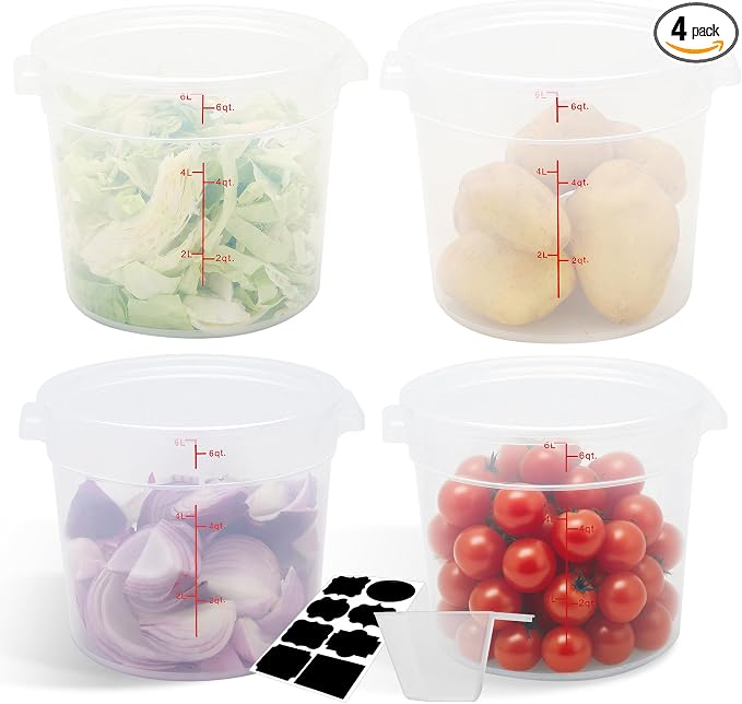 4 Pack 6QT Round Food Storage Containers with Lids | NSF, BPA-free PP containers with scale, label and measuring cup, stackable for prep, storage, freezer. Dishwasher safe by STEELUS