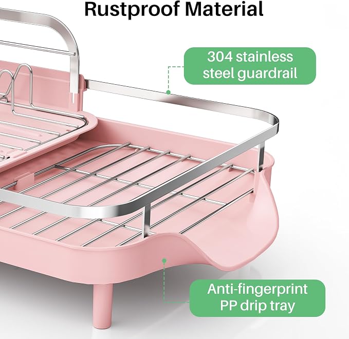 SAYZH Expandable Dish Drying Rack for Small Kitchen Counter, Pink | Stainless Steel, Protective Guardrail, Angled Drainboard, Fits High-Rim Sinks, Removable Utensil Holder - Image 3