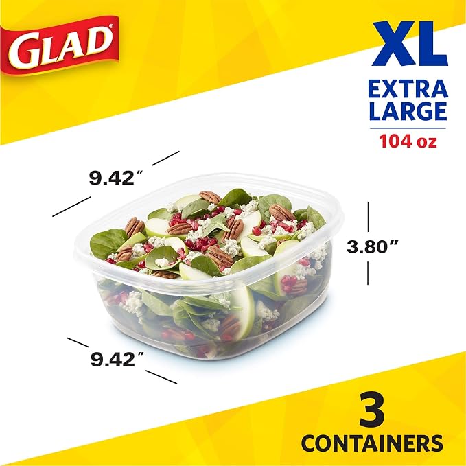 Glad GladWare XL Square Food Storage Containers with Lock Tight Lids, Family Size No BPA Plastic Containers for Leftovers and Meal Prep, Reusable Dishwasher Safe, 104 Oz, 3 Count - 3 Pack - Image 2