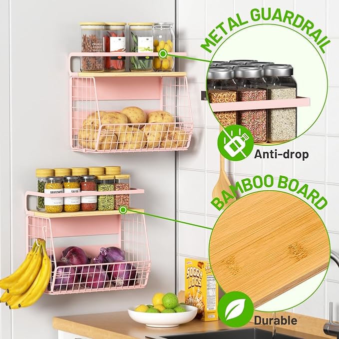 Magnetic Shelf for Fridge with Wood Lid, Fruit Potato and Onion Storage Bins, Pantry Organizers & Storage, Large Container Magnetic Spice Rack for Refrigerator, Kitchen Counter, Cabinet (Pink, 1) - Image 2