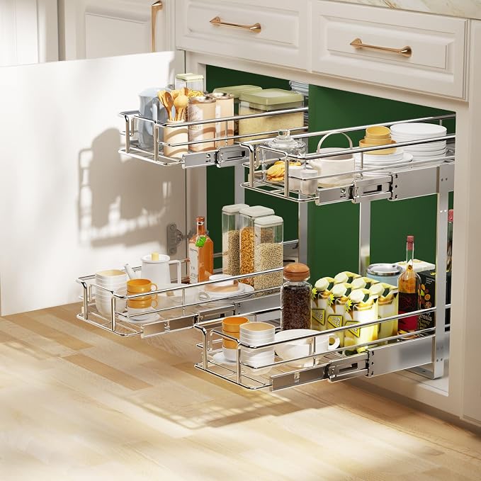 LOVMOR 2 Tier Individual Pull Out Cabinet Organizer 9" W x 21½" D, Slide Out Kitchen Cabinet Storage Sliding Shelves - Image 6