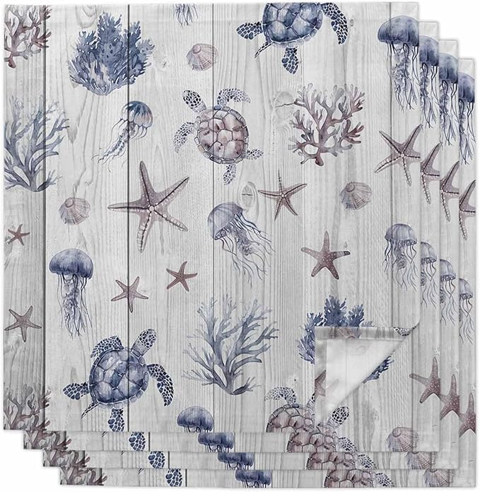 Coastal Starfish Cloth Napkins Set of 4 - Ocean Turtle Seashells Jellyfish Wood Grain Washable Dinner Napkins Reusable Table Napkins for Party Weeding Dining Table Setting Decoration,Oversized 20"x20" by Unknown