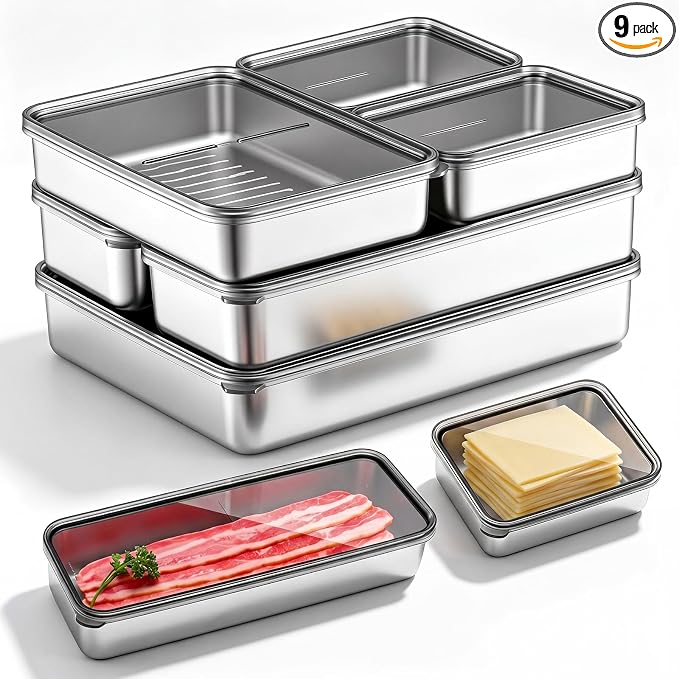 Hushee 6 Pack Bacon Cheese Container for Refrigerator, 304 Stainless Steel Airtight Deli Meat Container, Dishwasher Safe Fridge Storage Fruit Lunch Storage with Lids for Fridge, 4 Sizes by Hushee