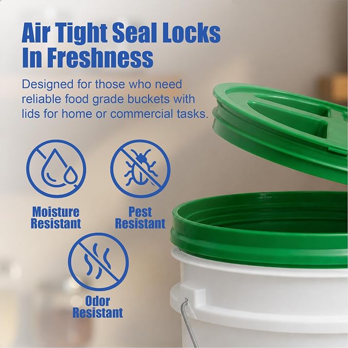 5 Gallon Bucket - Food Grade w/Lid BPA-Free, White/Green, 6 | Airtight Gamma Seal Screw-On Lid, Heavy-Duty 90 Mil HDPE Plastic, Food Safe and Durable Container, Bulk Storage, Made in USA - Image 5