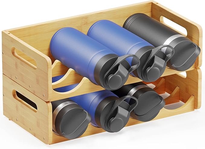 SpaceAid Bamboo Water Bottle Organizer with Labels, Kitchen Pantry Water Bottle Storage Rack for Cabinets, Home Cup and Wine Bottle Holder Shelf Organizers, 2 Pack 4-Slot, Hold 8 Bottles by SpaceAid