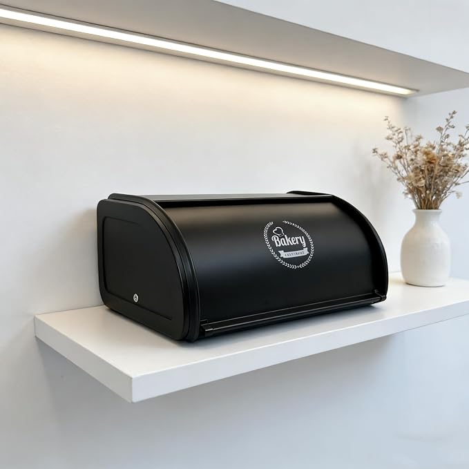 Vintage Roll-Top Bread Box, Black Stainless Steel Farmhouse | Small Metal Bread Bin Storage Container Kitchen Countertop Homemade Sourdough Loaf Roll Top - Image 6