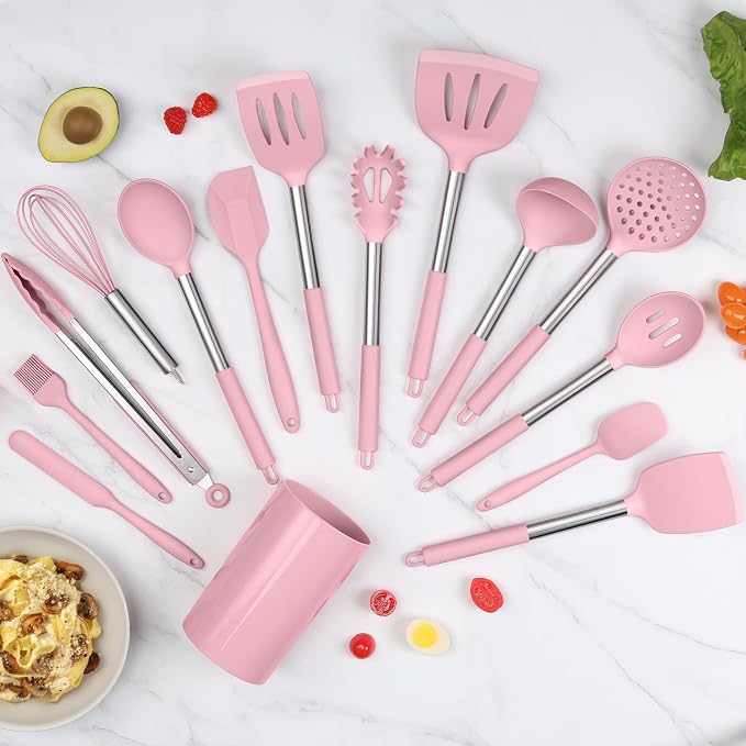 LIANYU 15 Piece Cooking Utensils Set with Stainless Steel Handle, Silicone Kitchen Gadgets with Holder, Heat Resistant Spatula Spoon Turner Tong Whisk Brush Tools for Cooking, Dishwasher Safe, Pink - Image 3