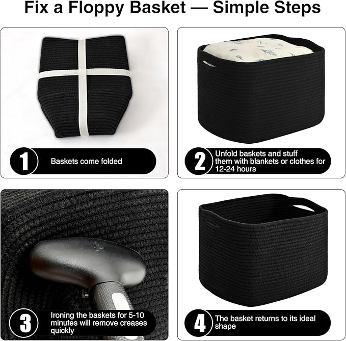 ICERZCZ Woven Cotton Rope Storage Baskets for Organizing & Shelves, Organization Bins for Dog Toys, Clothes, Books, Nursery Organizer, 15"x11"x9", Black (4 Packs) - Image 6