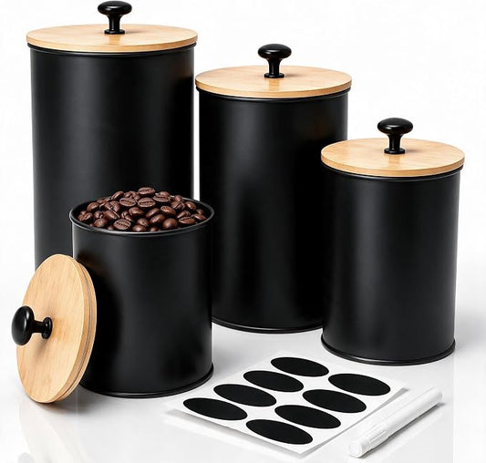 Kitchen Canister Set of 4 Airtight Metal Containers with Bamboo Lids, Black | Flour sugar coffee tea canisters set with bamboo lids, customizable chalkboard labels & marker pen by Unknown