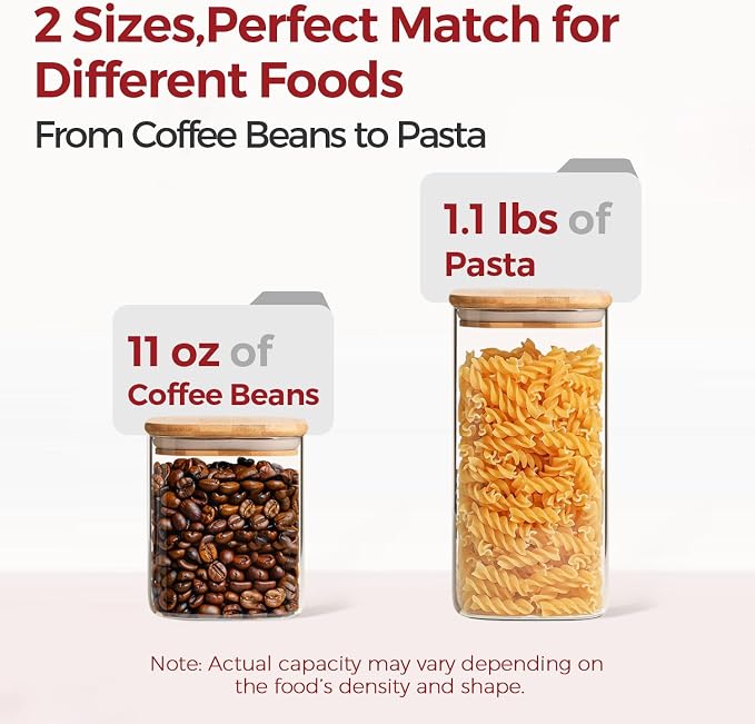 Glass Pantry Storage Containers with Lids 1/1.6 Qt 6 Pack Square | Pantry Organization, Stackable Design, Flour Sugar Coffee Beans Pasta Cereal Dry Food Storage,Kitchen Cabinet Organizer - Image 3