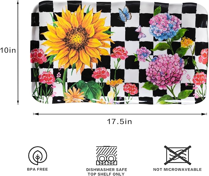 LEHAHA Rectangular Melamine Sunflower Serving Tray, 2-Piece Hydrangea Serving Platter Set, 17.5" x 10" Colorful Trays/Platters Sets for Outdoor and Indoor Dining and Entertaining Parties,Black Plaid - Image 6