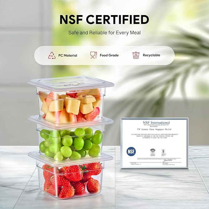 6 Pack Plastic Food Pans with Lids NSF Listed, 1/6 Size 4 in Deep Clear Food Storage Containers, 1.8 qt Stackable Polycarbonate Commercial Hotel for Fruits Vegetables Beans Corns - Image 4