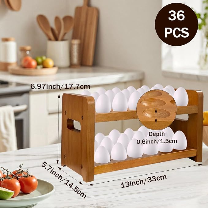 Thick&Thin Egg Holder Countertop, Wooden Egg Holder for Fresh Eggs, Farmhouse Kitchen Egg Tray Rack Holds 36, Firewood Egg Storage with Carry Handle for Easter Eggs, Duck - Image 3