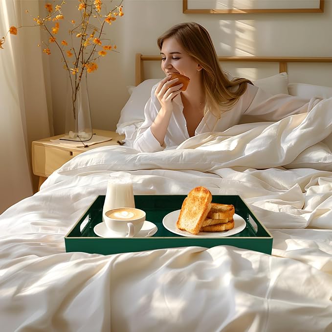 Dark Green Decorative Tray for Ottoman, Serving Tray with Handles | Plastic Coffee Table Tray, Modern Melamine Tray, Rectangle Countertop Organizer Tray for Living Room, 15.8"L x 10.2"W x 1.4"H - Image 6