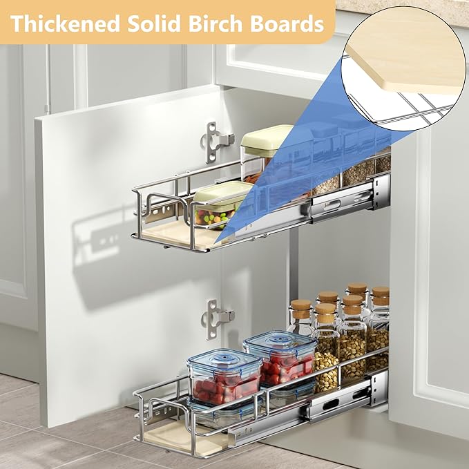ROOMTEC 2 Tier Individual Pull Out Cabinet Organizer 7½"W x 21½"D, Slide Out Wood Shelves Organizers, Pull Out Drawers Organization and Storage for Kitchen Cabinet - Image 2