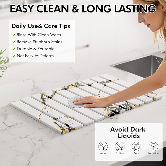 4 Pcs Stone Dish Drying Mat for Kitchen Counter, 24''x16'' Super Absorbent Diatomaceous Earth Stone Drying Mat Faucet Mat with 2 Coasters, Quick Dry Mat for Kitchen Counter Dishes Cups - Image 5