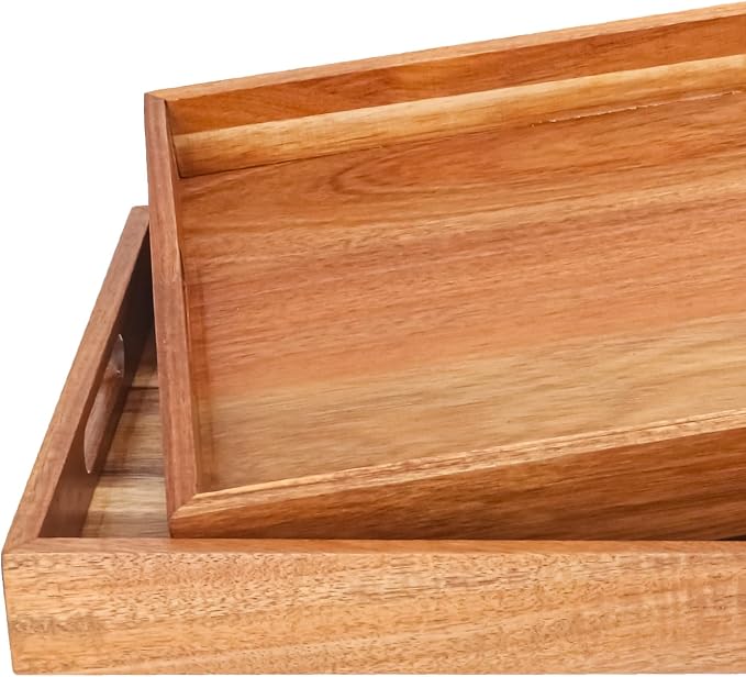 3 PCS Acacia Wood Serving Tray with Handles - 15 x 10 Inch Elegant Rectangle Wooden Tray for Food, Decorative Snack Tray, Breakfast and Kitchen Tray, Ideal Wooden Serving Platter for Homes - Image 3