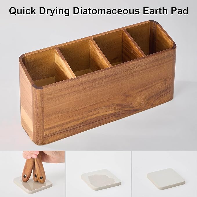Wooden Utensil Holder for Kitchen Counter, Acacia Wood Kitchen Utensil Holder for Countertop with 4 Compartment, Cooking Utensil Organizer, Silverware Caddy (Acacia Wood, 4Compartment) - Image 5