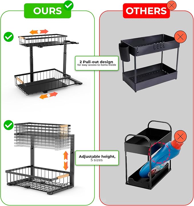 2 Pack Under Kitchen Sink Organizer, 2 Tier Pull Out Cabinet Organizer, Metal Under Sink Organizer, Sliding Drawer Organizer for Kitchen Bathroom Pantry Cabinet Closet - Image 6
