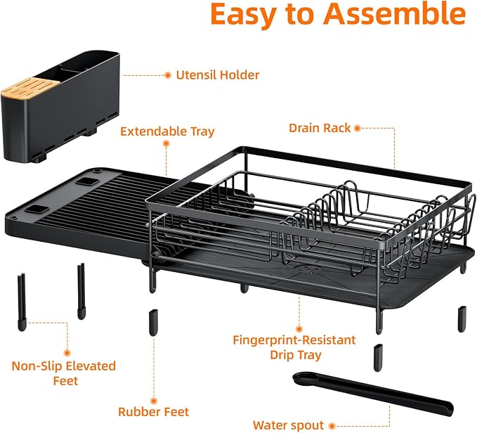 Urackify Extendable Dish Drying Rack, 18.5"-26.7" L x 12.7" W, Black | Multifunctional large dish rack with cup holder and built-in cutlery holder for versatile drying needs - Image 7
