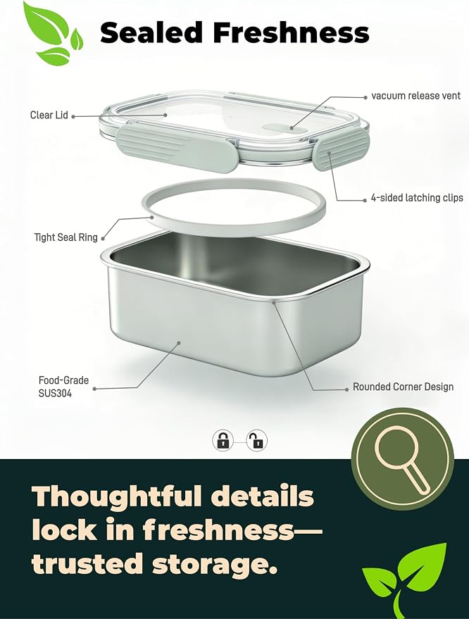 Stainless Steel Food Storage Containers, Silver, Combo | Leak-Proof Latching Lid, Reusable Bento Lunch Box, Oven/Dishwasher/Freezer Safe, 22/44/82oz - Image 4