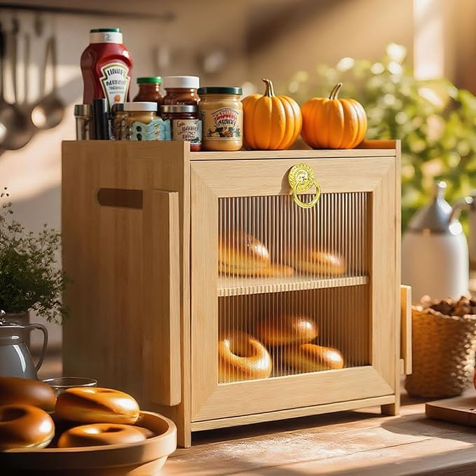 Large Bamboo Bread Box With Tempered Glass Door, Double Layer, Circle Ring | Double Layer Storage, Countertop Organizer, Bamboo Material, Tempered Glass Door, Large Capacity by ArtSecret