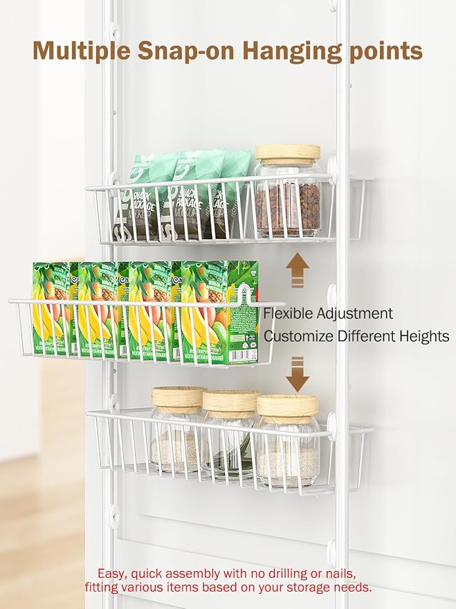 Delamu Over The Door Pantry Organizer, 8-Tier Pantry Door Organizers and Storage with Adjustable Basket, Metal Hanging Spice Rack, Seasoning Organizer, Door Organizer for Home Kitchen Bathroom, White - Image 4