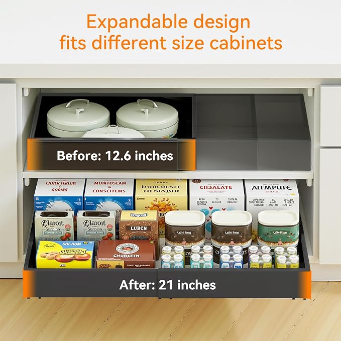 2 Pack 21'' Deep Pull Out Cabinet Organizer Expandable Width (12.6'' to 21'') Slide Out Drawers Pull Out Drawers Fixed with Adhesive Nano Film or Nail for Kitchen Bathroom Organization, Black - Image 6