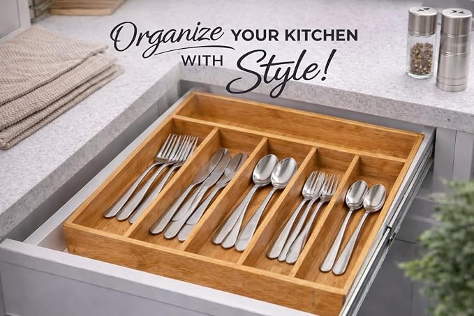 YBM Home Bamboo Cutlery Tray Flatware Silverware Drawer Organizer with 5 Compartments, 338 - Image 6