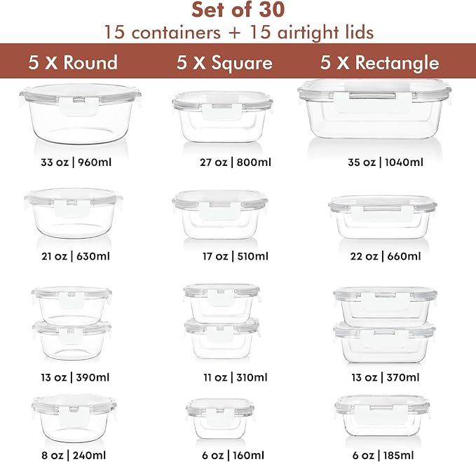 Razab 30 PC Glass Food Storage Containers with Lids - Reusable Glass Meal Prep Containers for Lunch and Leftovers - Airtight & Leakproof Snap Locking Lids - Oven, Freezer, Microwave, Dishwasher Safe - Image 2