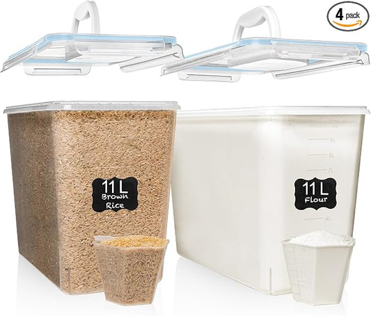 Shazo 2 PC (11L | 372 oz) Flour Sugar Storage Containers with Easy Carry Handle - Plastic Extra Large Food Storage Containers with Lids for Rice Cereal, BPA Free & Airtight Kitchen Pantry Organization by Shazo