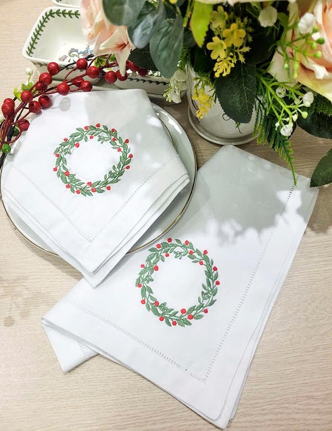 Embroidered Cotton Napkins Christmas 20x20 (Holly Wreath Christmas) - Image 2