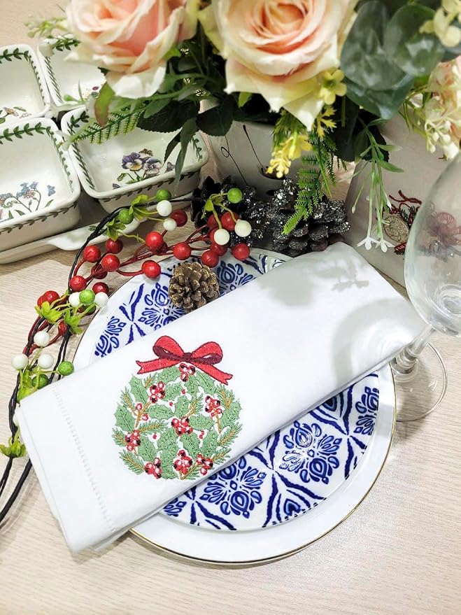 Embroidered Cloth Napkin Pine Christmas Wreath Cotton Napkins Set of 6, 20 x 20 Hemstitch Table Napkins, Machine Washable, for Daily & Holiday Dining, Great Gift Ideas - Image 4