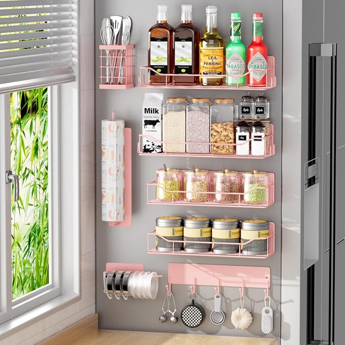 Magnetic Spice Rack for Refrigerator,8 Pack Magnetic Fridge Shelf, Moveable Spice Organizer with Hook Rack, Paper Towel Holder, Utensil Holder,cup lid holder, Super Magnetic Rack Set (Pink) by IYEBAU