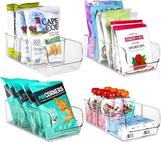 ELTOW 4-Pack Snack Organizer, 3-Compartment Plastic Bins with Removable Dividers, Chip & Food Storage for Pantry, Spices, Fridge, and Cabinet by Eltow