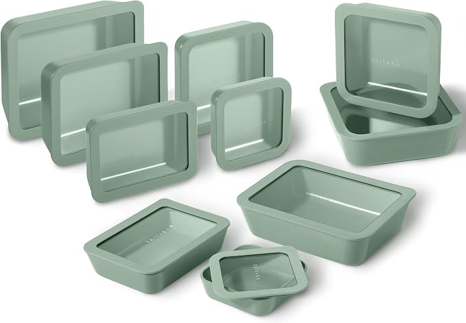 20-Piece Glass Food Storage Containers Set with Lids (10 Containers + 10 Lids) | Microwave-Safe Airtight Seal, Oven-Safe Ceramic-Coated Glass | Zero Plastic, No PFAS/PFOA/BPA [Willow] by BrivaraHome