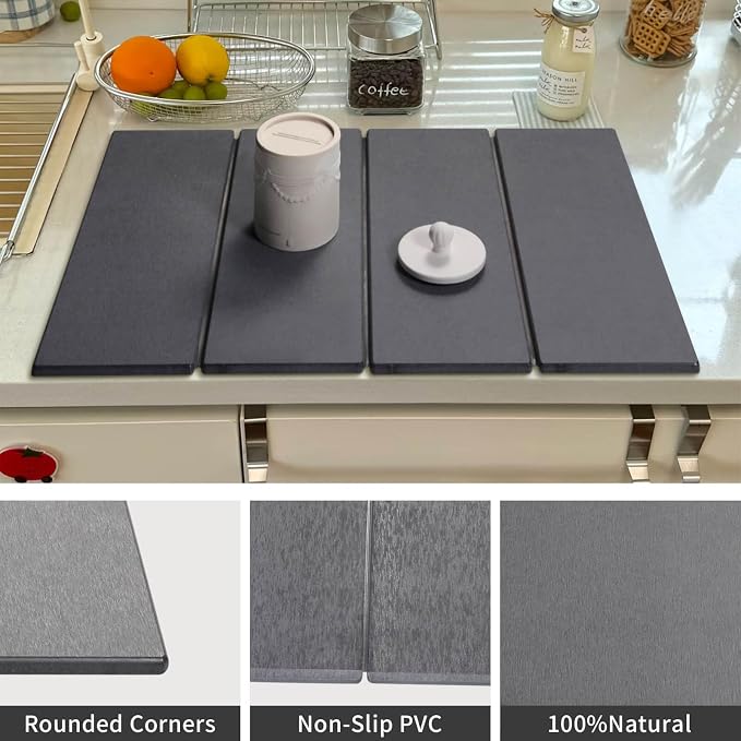 Stone Dish Drying Mat - Large Foldable Marbled Quick Drying Dish Mats, Stone Coasters Set of 4 Collapsible Ultra Absorbent Diatomaceous Earth Mats for Kitchen Counter Bathroom (Grey-4Pcs) - Image 4