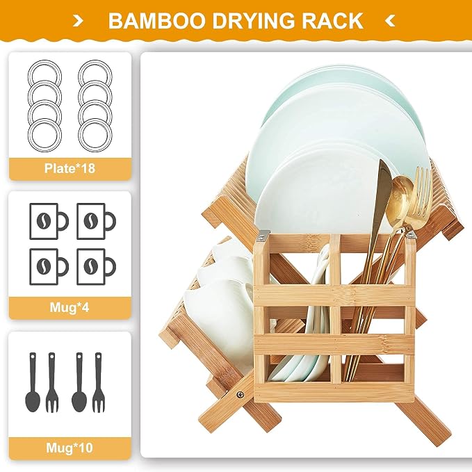 Bamboo Dish Drying Rack, 2 Tier Collapsible Dish Rack with Utensil Holder, Wooden Dish Drying Rack for Kitchen Counter, Large Folding Drying Holder, Dish Drainer 34 pcs Grid - Image 8