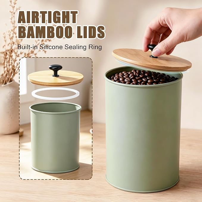 Kitchen Canister Set of 4 Airtight Metal Containers with Bamboo Lids, Green | Flour sugar coffee tea canisters set with bamboo lids, customizable chalkboard labels & marker pen - Image 3