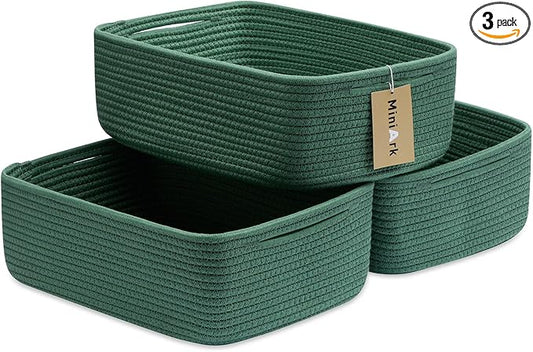 MiniArk Large Shallow Organizing Baskets 15x11x5.1 Inches - Rope Woven Storage Bins for Bathroom, Shelves, Cube Closet, Green 3 Packs by MiniArkStorageBasketsHome
