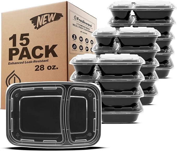 Freshware Meal Prep Containers with Lids 28 oz [15 Pack] 2-Compartment Food Storage Containers, Bento Box Lunch Containers, BPA Free, Airtight, Stackable, Reusable, Microwave/Dishwasher/Freezer Safe by Freshware