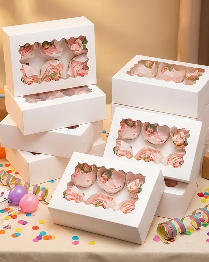 qiqee Auto-pop Up Cupcake Boxes with Window White 100PCS 6 Count Cupcake Box 9.4"x6.1"x3" Cupcakes Carrier, 6 Cupcake Containers - Image 6