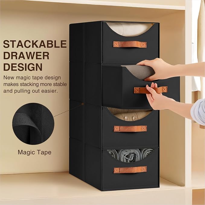 Stackable Storage Drawers - Collapsible Storage Bins with Drawers, 6 Pack Closet Shelf Organizer Basket, Fabric Pull Out Organizer for Bedroom, Living Room, Dorm, Black - Image 4