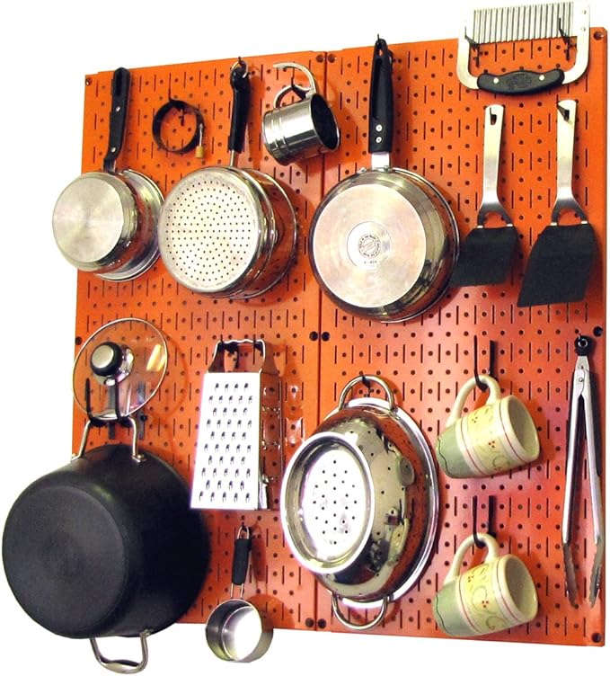 Wall Control Kitchen Pegboard Organizer Pots and Pans Storage Rack Organization Kit with Orange Pegboard and Black Accessories by Wall+Control