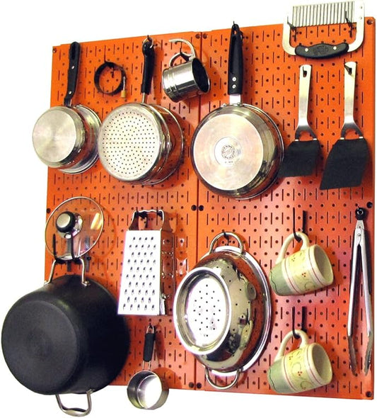 Wall Control Kitchen Pegboard Organizer Pots and Pans Storage Rack Organization Kit with Orange Pegboard and Black Accessories by Wall+Control