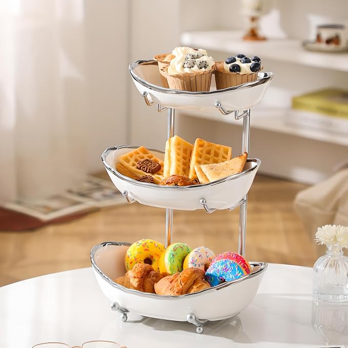 XUDREZ 3 Tier Fruit Bowl for Kitchen Counter with Metal Stand, Ceramic White Gold, Tiered Fruit Basket for Nuts, Snacks, Bread, Candy Storage (White B) - Image 3